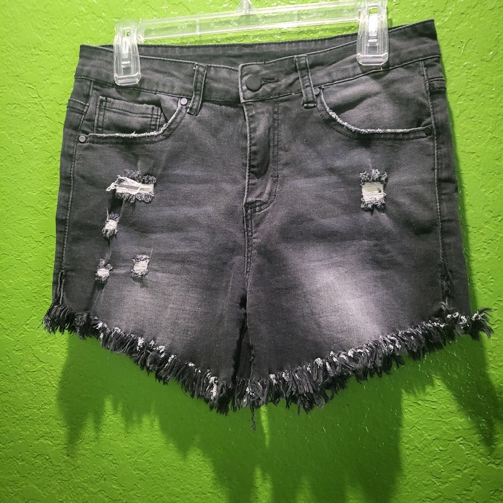Distressed Black Denim Shorts